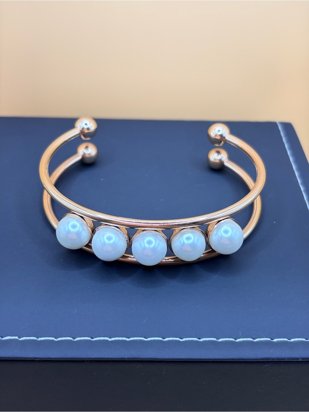 Classic Glass Pearl Accent Cuff Bracelet - Gold Tone - Picture 5 of 8